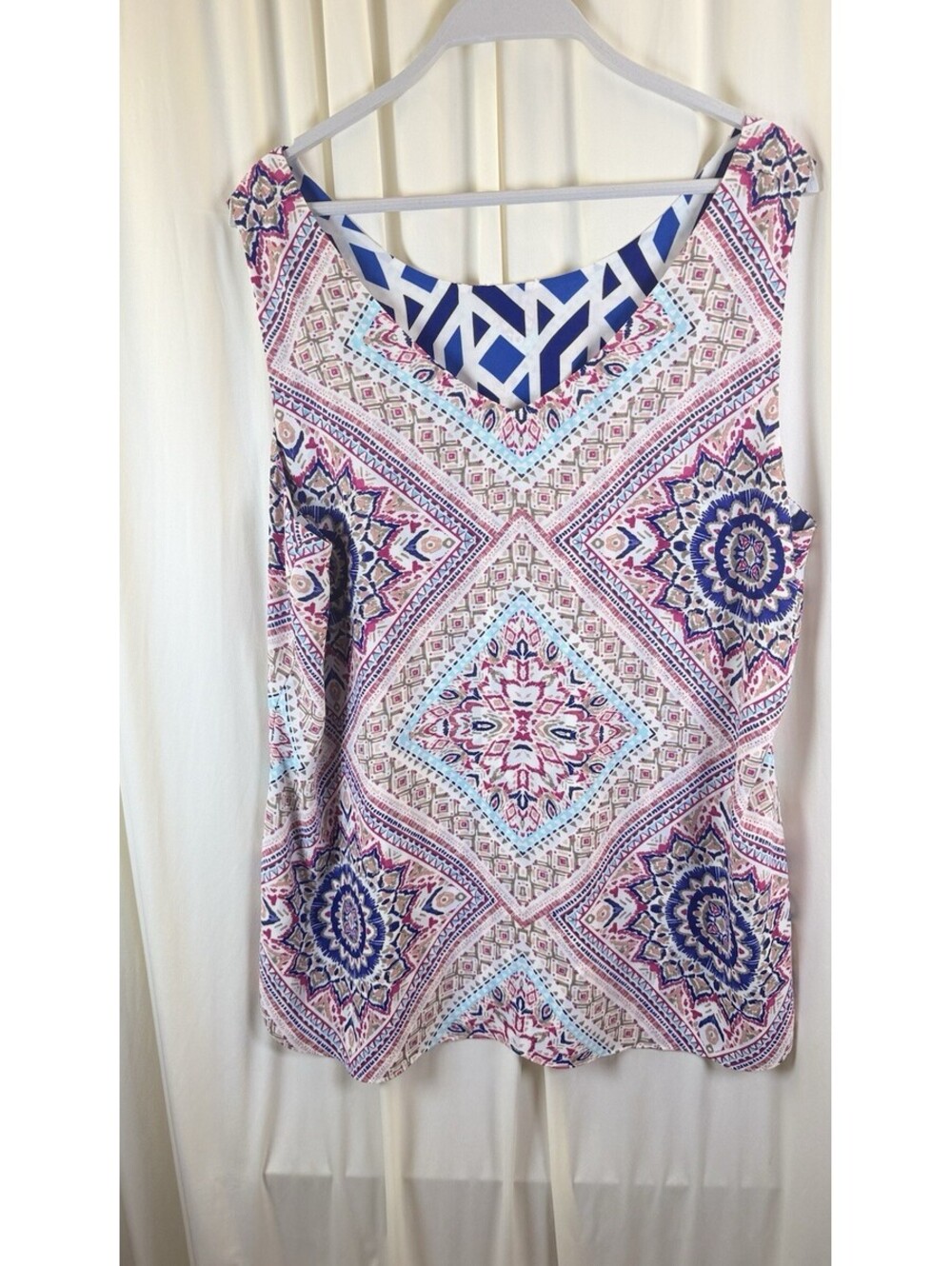 CHICO'S Reversible Tank Top Geometric Mandala-Style Pattern Pink Blue Sz 3 (XL)